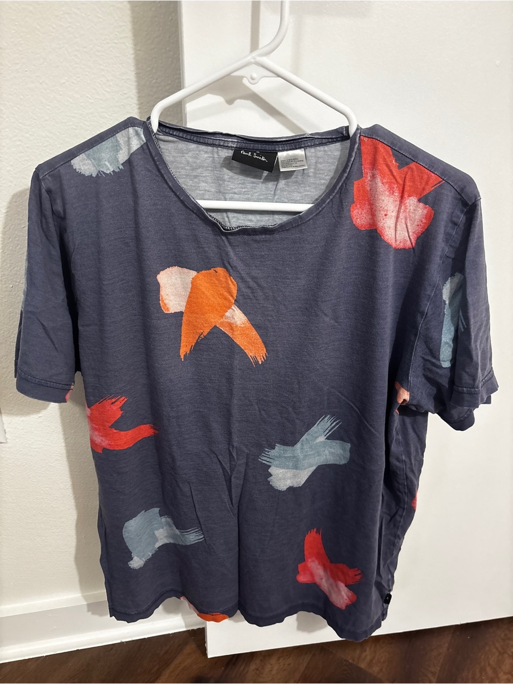 Paul Smith Navy Short Sleeve Tee with Multicolor Paint Motif